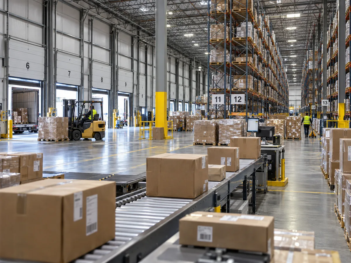 Musterfall Logistik: Distributionszentrum mit Förderband voller Pakete, Hochregallager, Gabelstapler und Verladetoren
