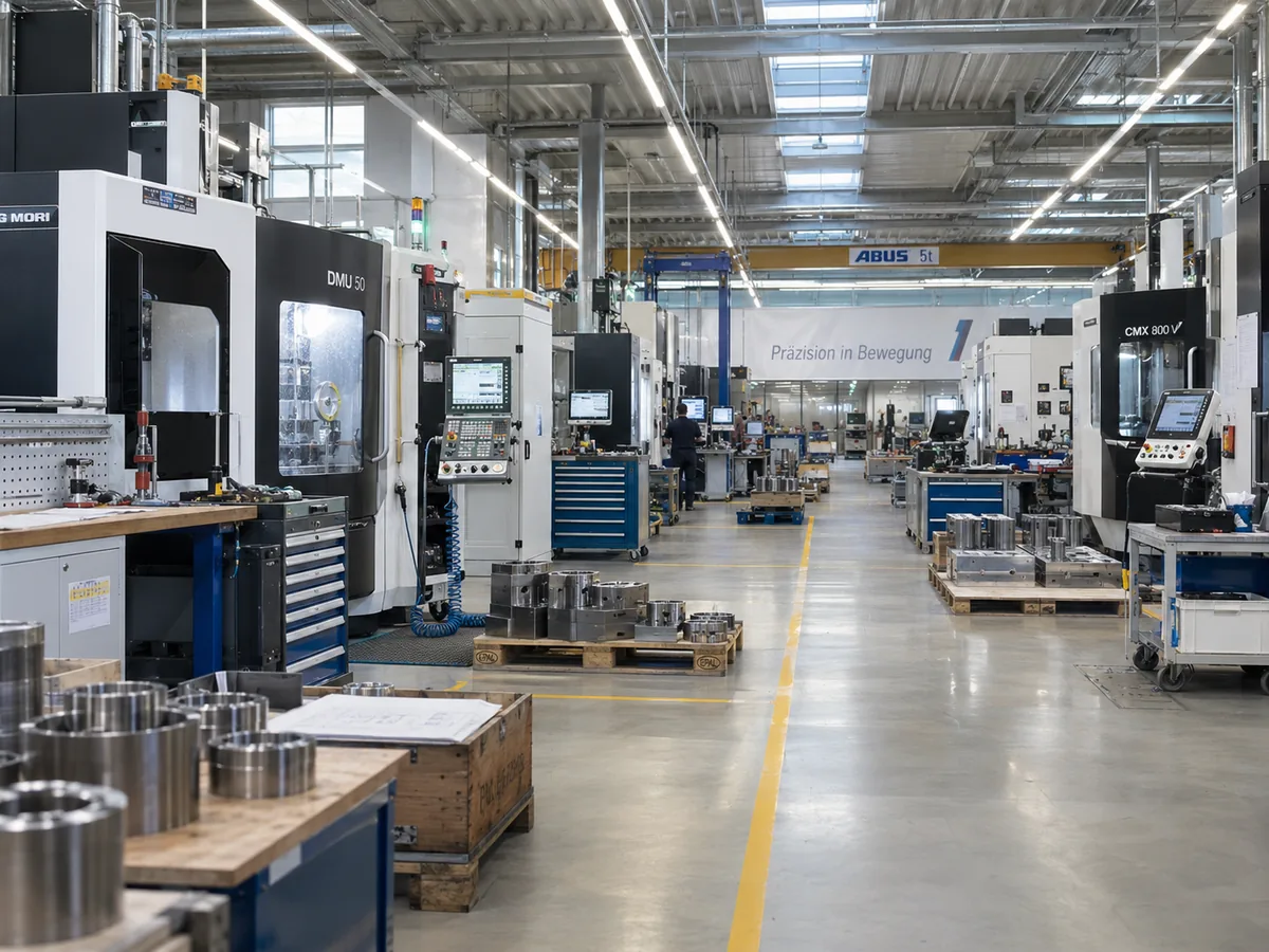 Musterfall Maschinenbau: Fertigungshalle mit CNC-Bearbeitungszentren, Werkbänken und gedrehten Stahlteilen auf Paletten
