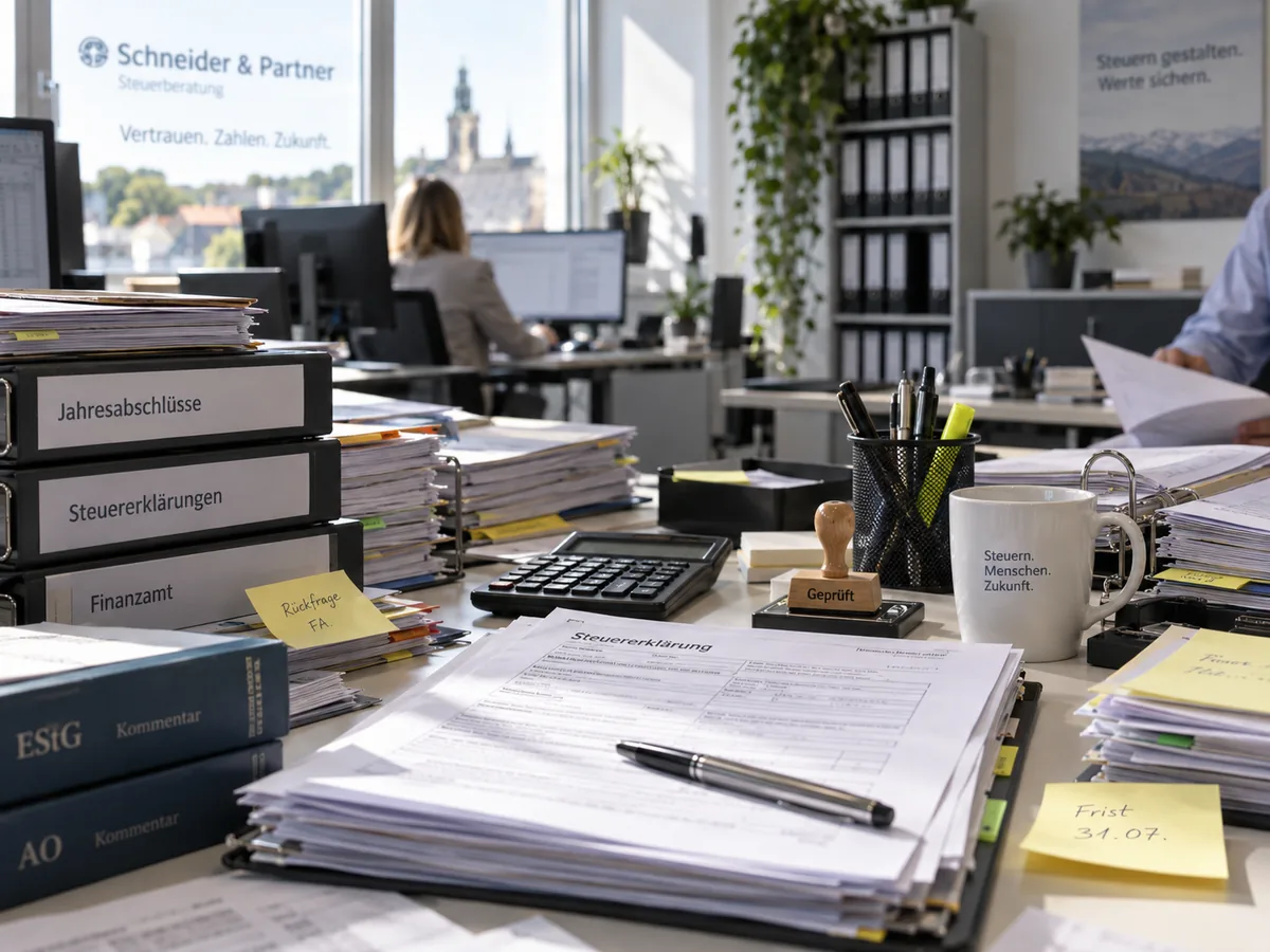 Musterfall Steuerberatung: Schreibtisch einer Kanzlei mit Steuererklärung, Aktenordnern für Jahresabschlüsse und Steuererklärungen, Taschenrechner und Prüfstempel