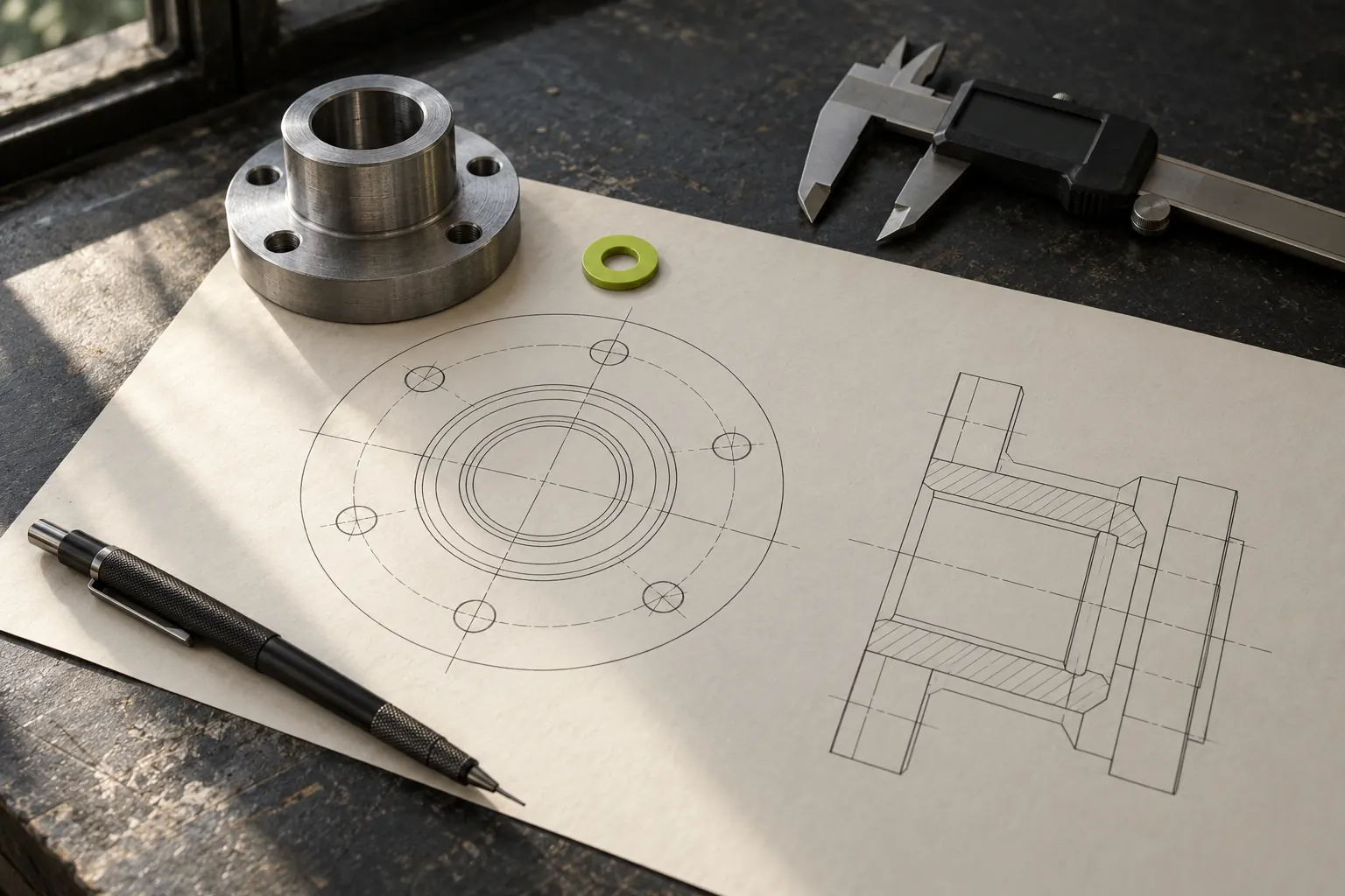 Schreibtisch im Konstruktionsbüro mit technischer Strichzeichnung eines Maschinenteils, Messschieber, Druckbleistift und kleinem Metallteil