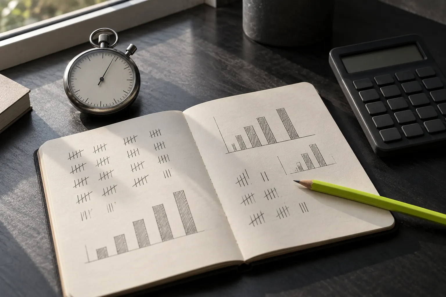 Stoppuhr, aufgeschlagenes Notizbuch mit Strichlisten und skizzierten Balken, Taschenrechner und Bleistift