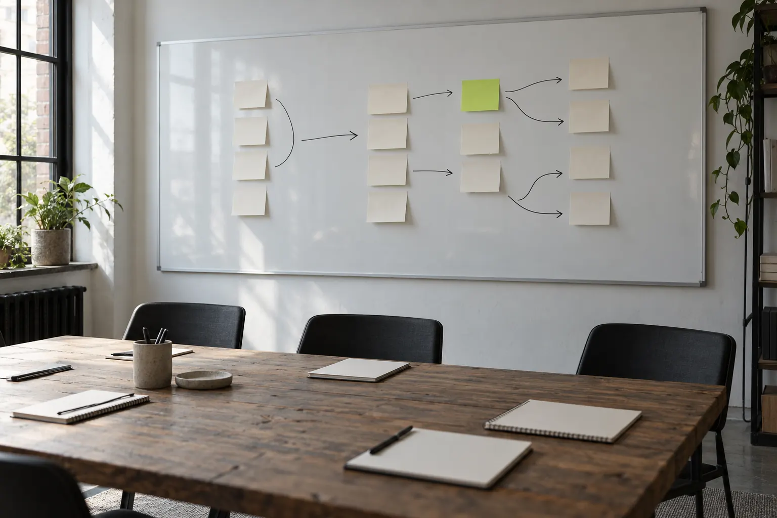 Workshopraum nach einer Besprechung mit Whiteboard voller unbeschrifteter Haftnotizen in Spalten, davor ein Tisch mit Notizbüchern