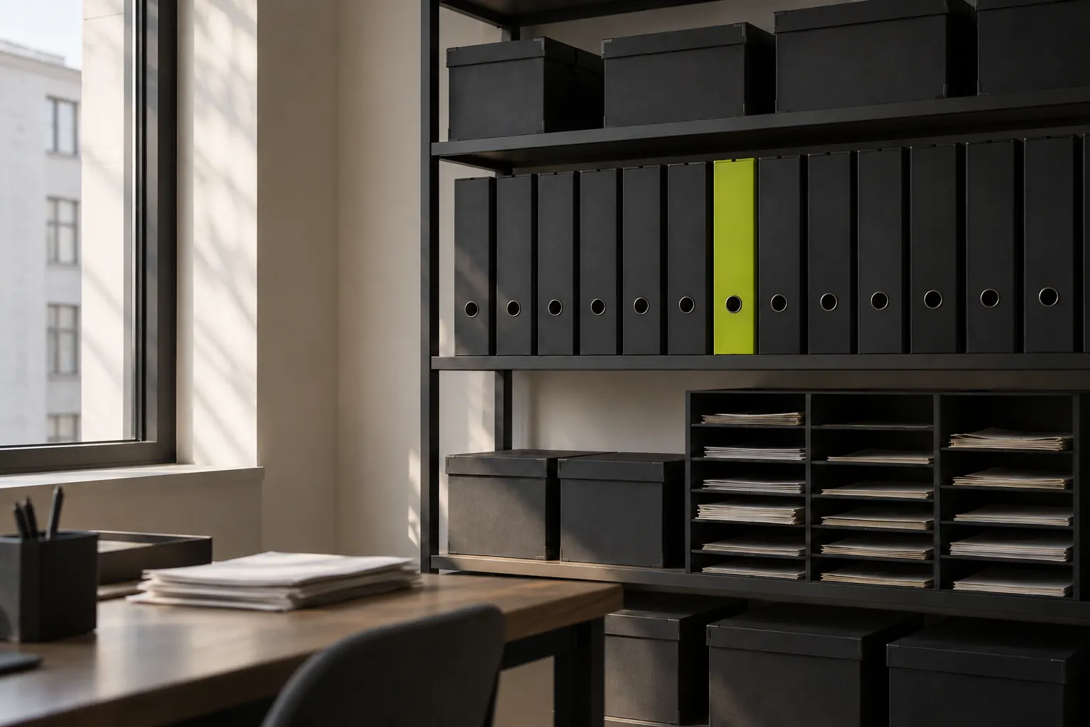 Ruhige Büroecke mit Regal voller Ordner und Archivboxen ohne Beschriftung und einem Sortierfach für Umschläge
