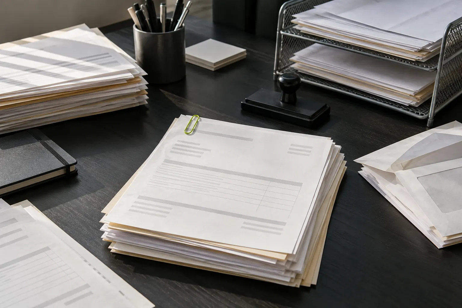 Schreibtisch von oben mit gestapelten Rechnungen, Lieferscheinen, geöffneten Umschlägen und Briefablage