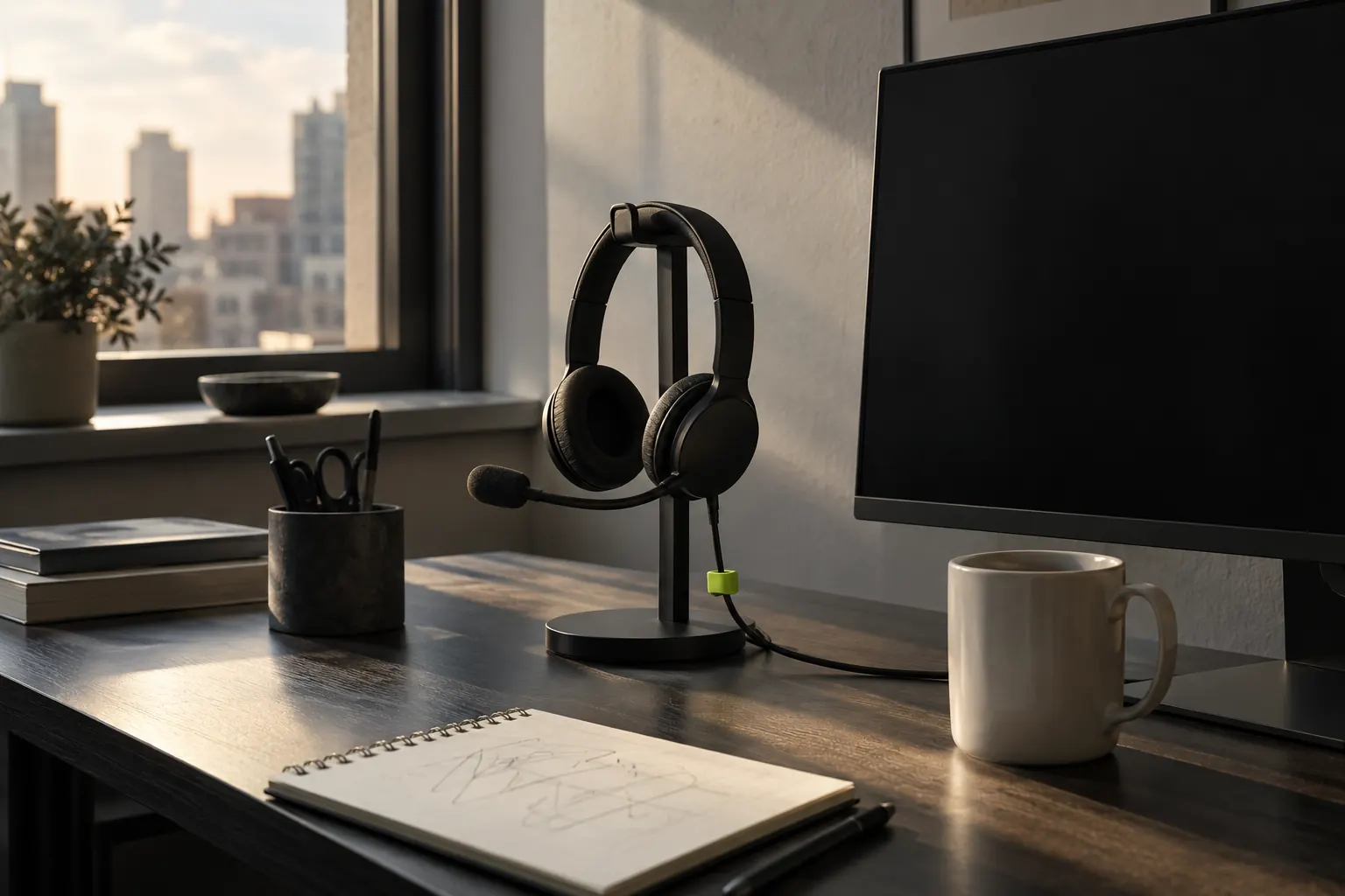 Arbeitsplatz am Abend mit Headset auf dem Ständer, Notizblock und Tasse im Fensterlicht