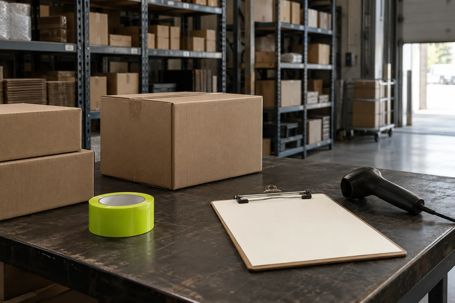 Packtisch im Lager mit Kartons, leerem Klemmbrett, Handscanner und einer Rolle Klebeband vor Regalen