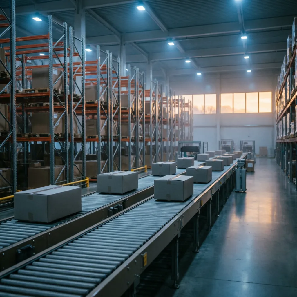 Förderbänder und Regale in einem Logistikzentrum